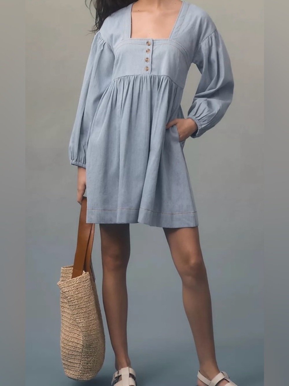 Anthropologie Light Blue Chambray Square-Neck Babydoll Mini Dress - Size XSP